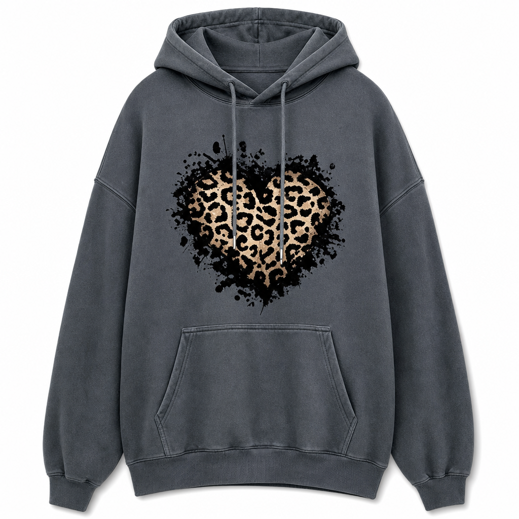 Sweat à capuche décontracté pour femme en polaire, avec motif cœur léopard et poche kangourou
