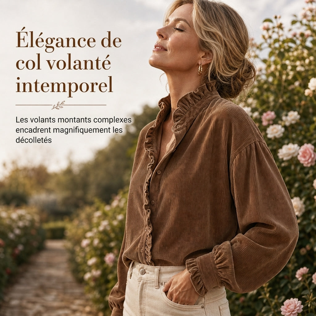 Blouse vintage en velours côtelé pour femme avec col à volants et manches longues bouffantes