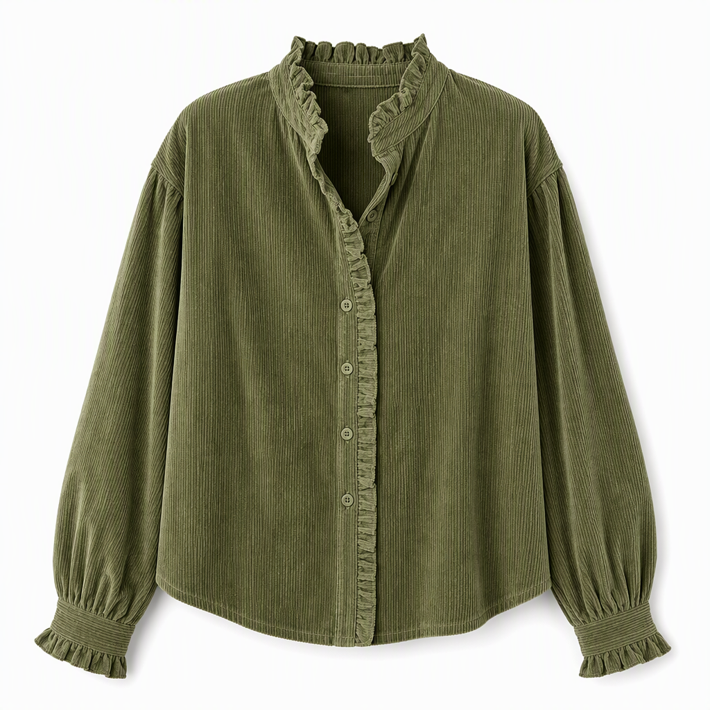 Blouse vintage en velours côtelé pour femme avec col à volants et manches longues bouffantes