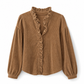Blouse vintage en velours côtelé pour femme avec col à volants et manches longues bouffantes