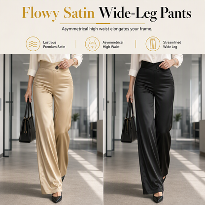 Pantalon élégant en satin à taille haute et jambes larges, avec une taille asymétrique