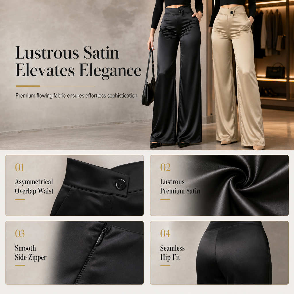 Pantalon élégant en satin à taille haute et jambes larges, avec une taille asymétrique
