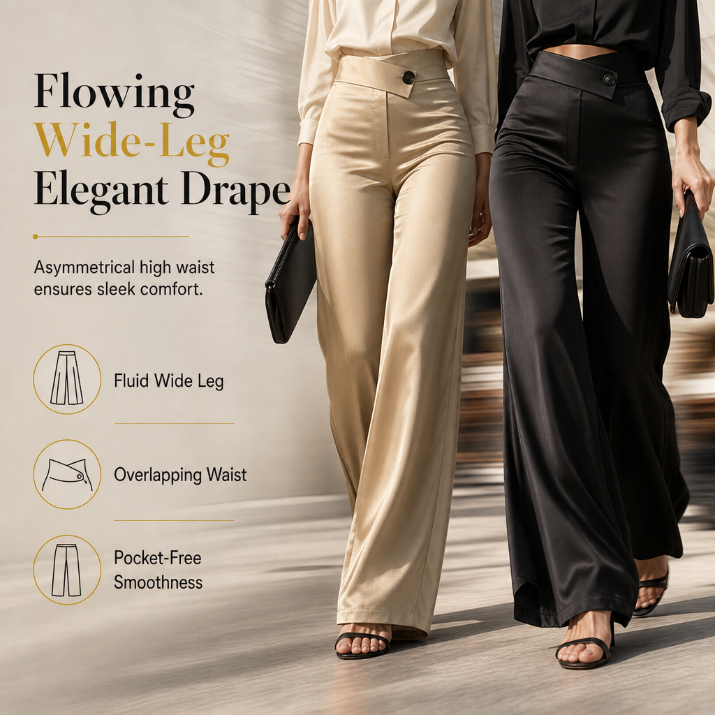 Pantalon élégant en satin à taille haute et jambes larges, avec une taille asymétrique
