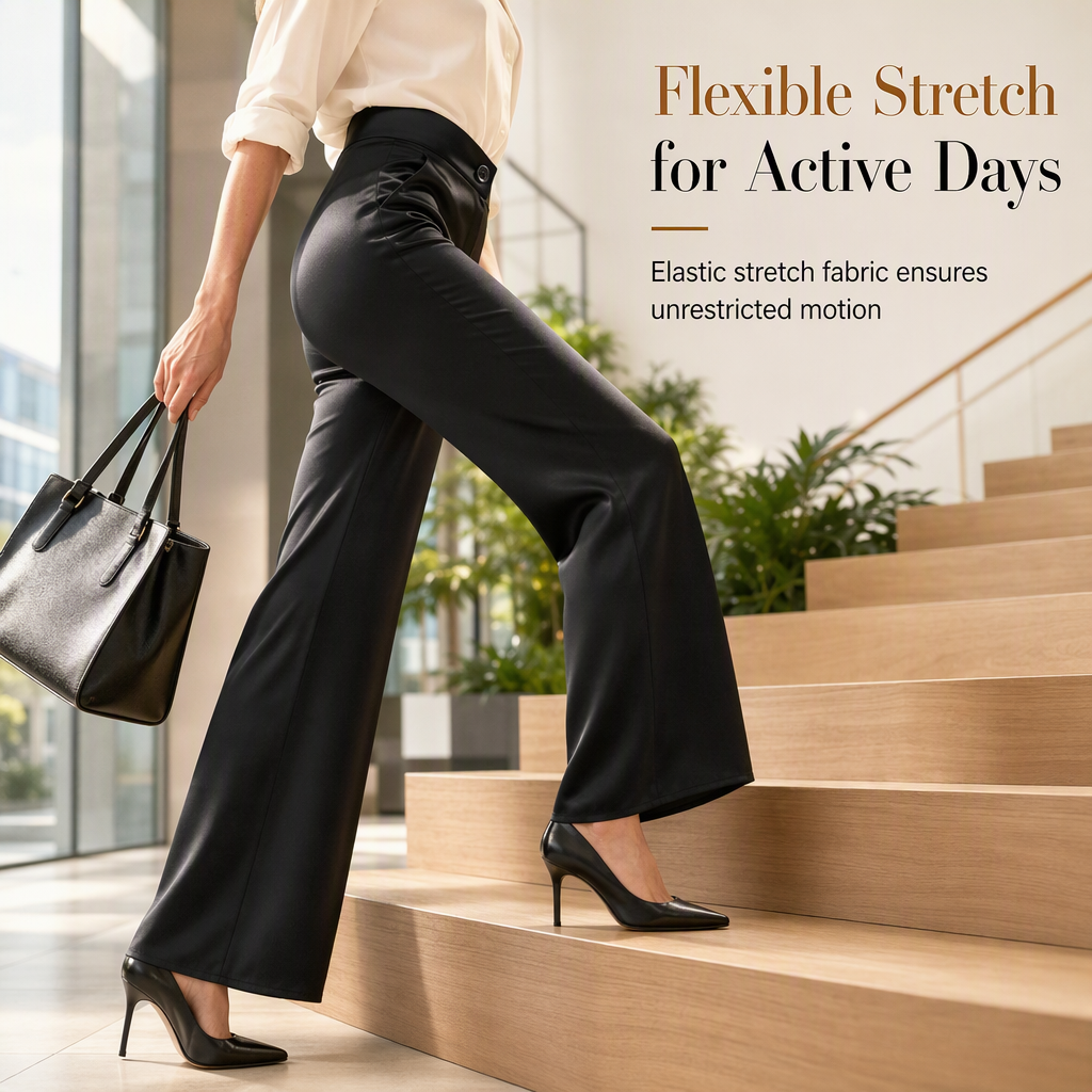 Pantalon élégant en satin à taille haute et jambes larges, avec une taille asymétrique