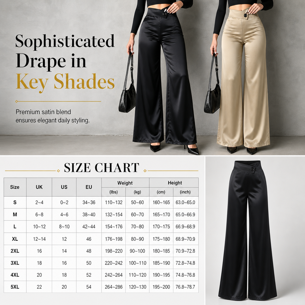 Pantalon élégant en satin à taille haute et jambes larges, avec une taille asymétrique