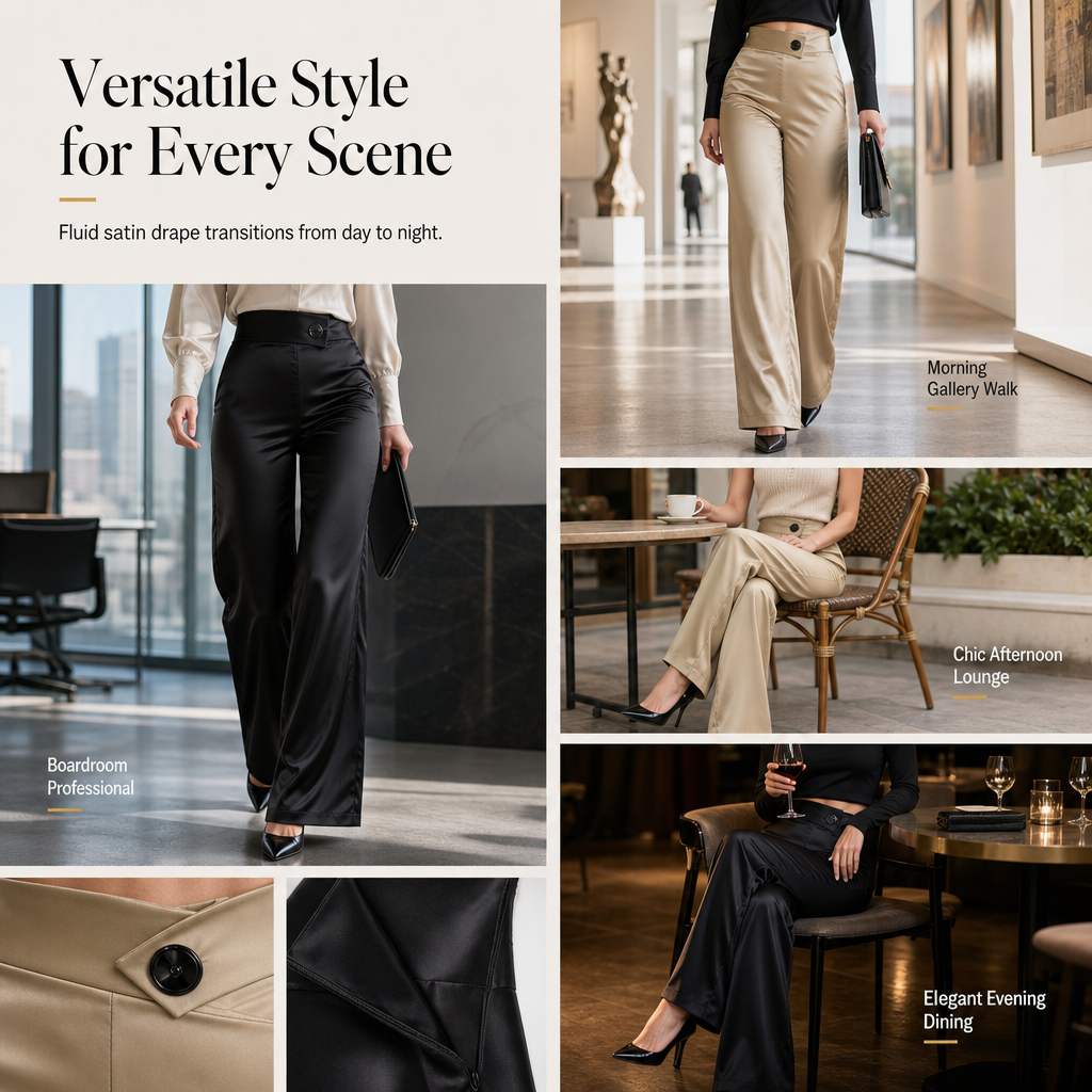 Pantalon élégant en satin à taille haute et jambes larges, avec une taille asymétrique