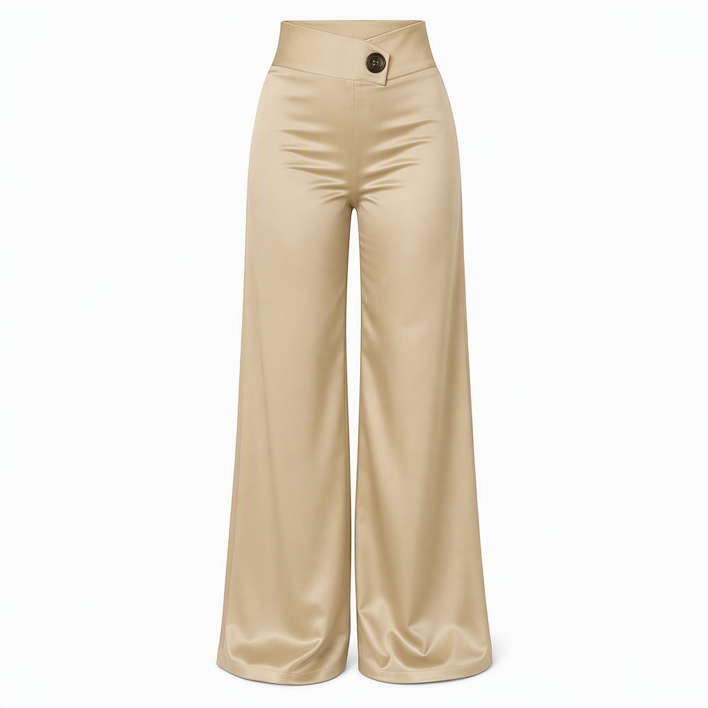 Pantalon élégant en satin à taille haute et jambes larges, avec une taille asymétrique
