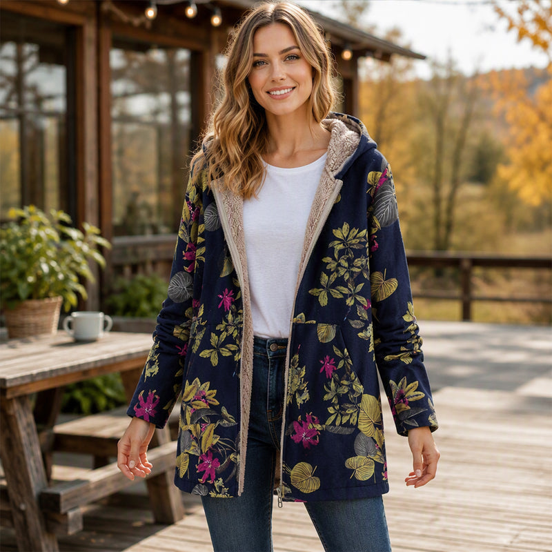 Manteau à capuche pour femme avec imprimé feuille vintage