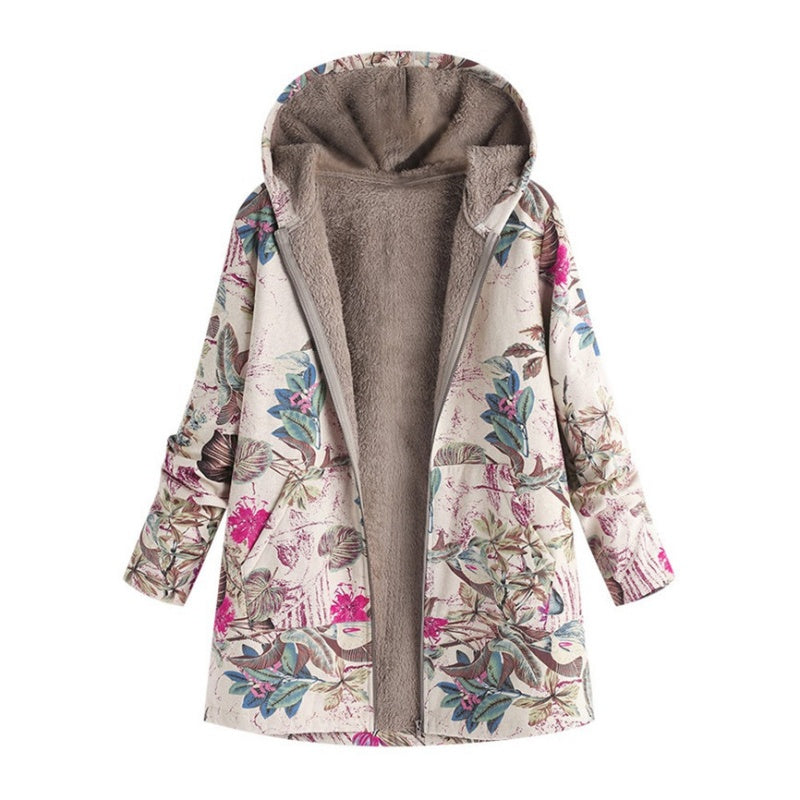 Manteau à capuche pour femme avec imprimé feuille vintage