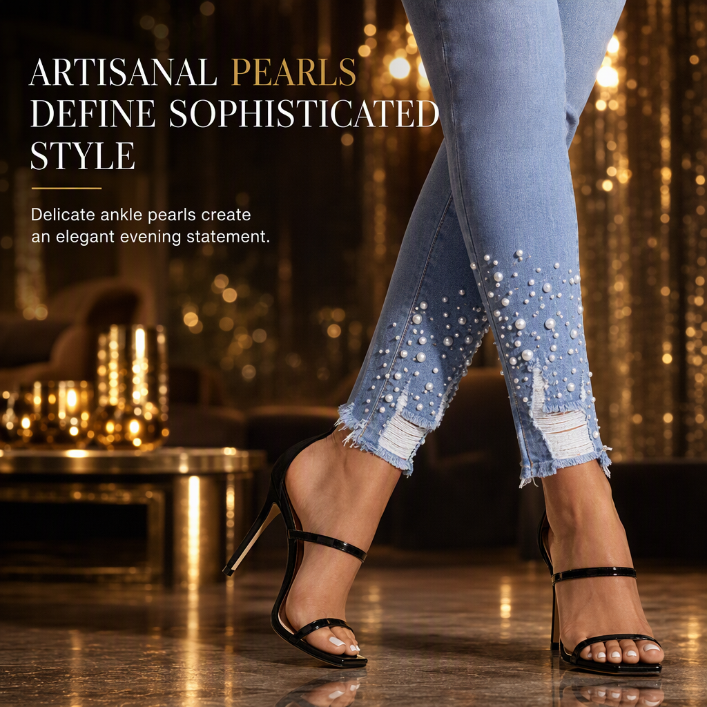 Jean skinny ajusté pour femme, bleu clair, orné de perles, avec taille effilochée et bords déchirés à la cheville