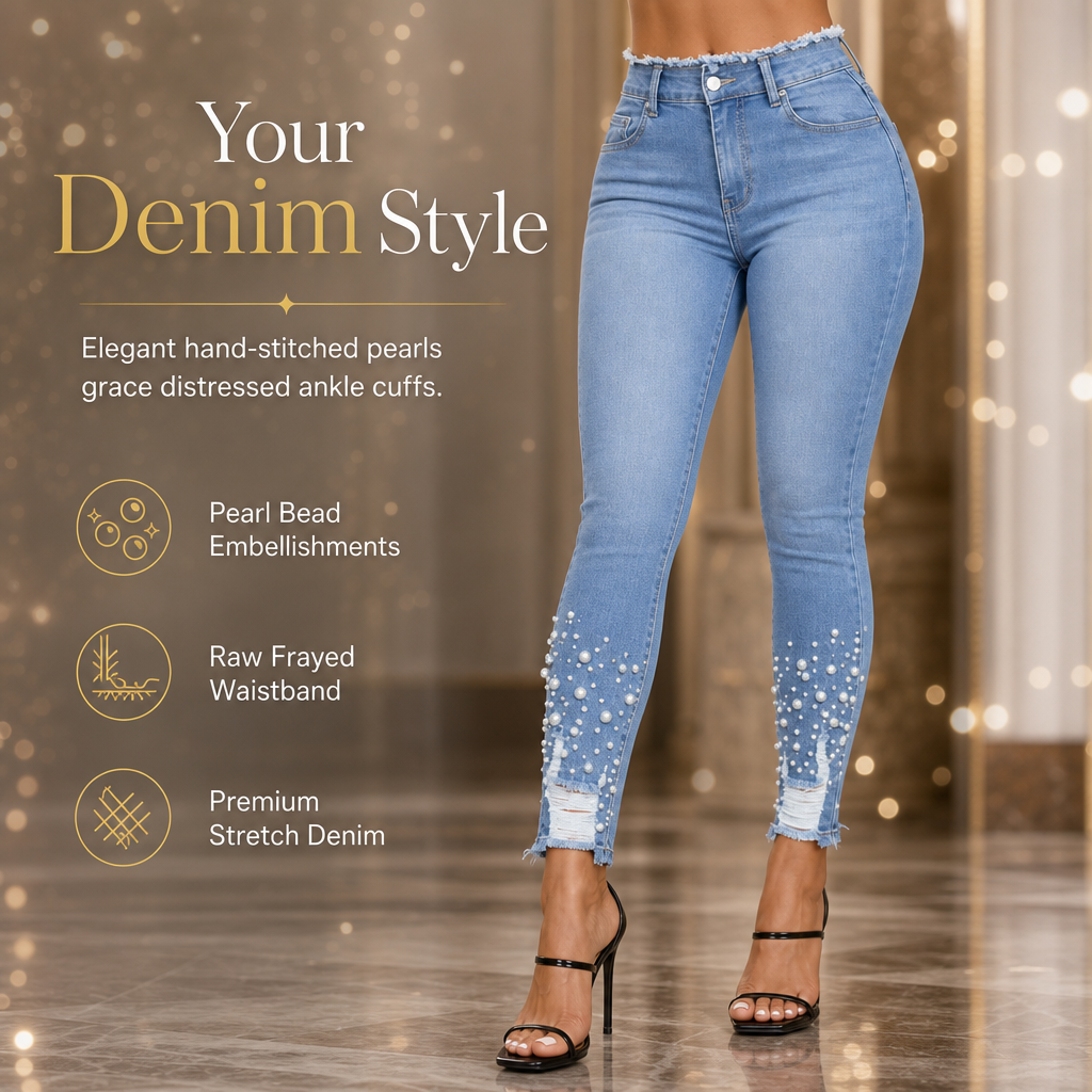 Jean skinny ajusté pour femme, bleu clair, orné de perles, avec taille effilochée et bords déchirés à la cheville