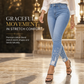 Jean skinny ajusté pour femme, bleu clair, orné de perles, avec taille effilochée et bords déchirés à la cheville