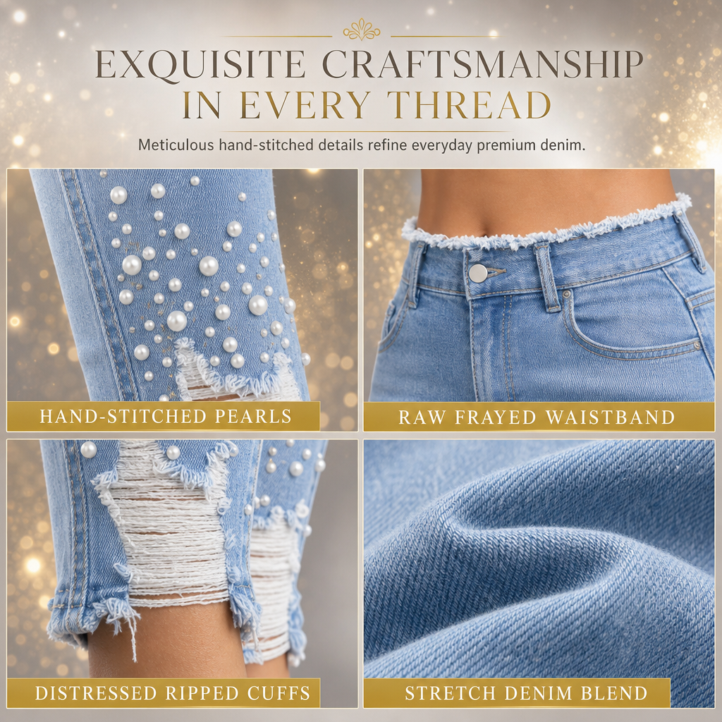 Jean skinny ajusté pour femme, bleu clair, orné de perles, avec taille effilochée et bords déchirés à la cheville