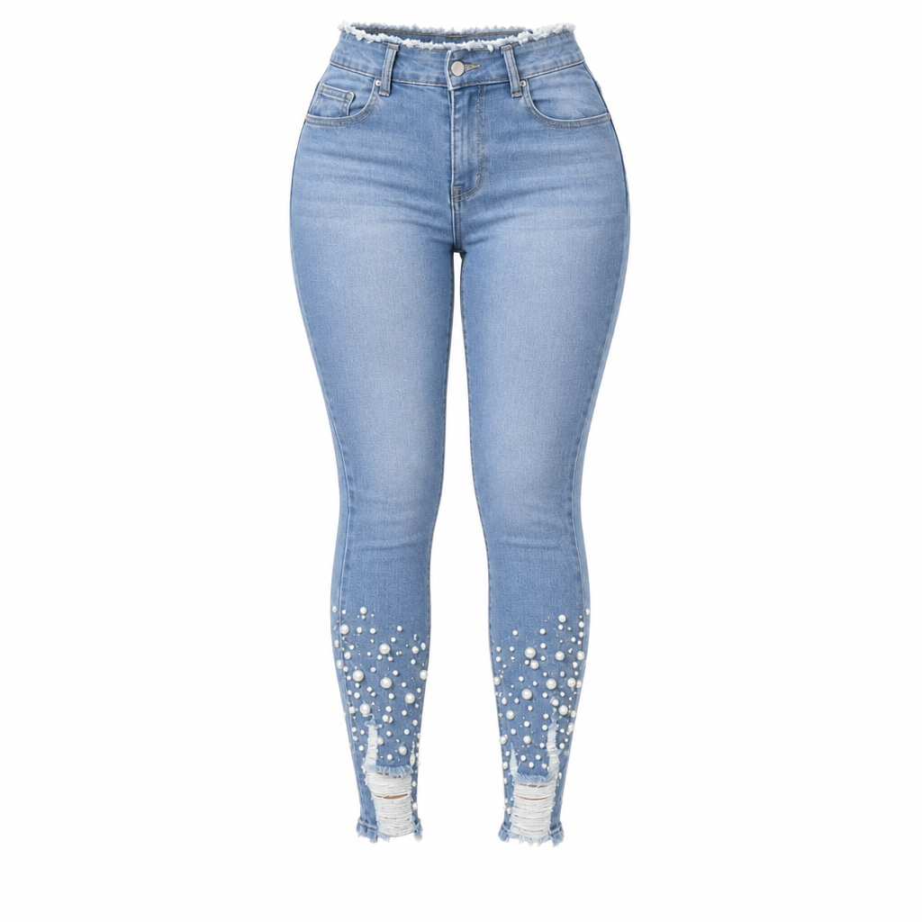 Jean skinny ajusté pour femme, bleu clair, orné de perles, avec taille effilochée et bords déchirés à la cheville
