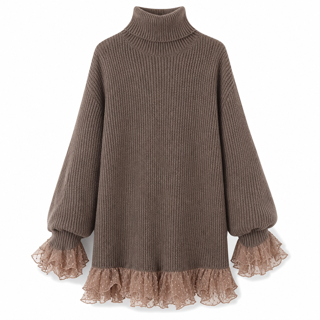 Robe pulls oversize en maille à col montant et bordure volant en tulle