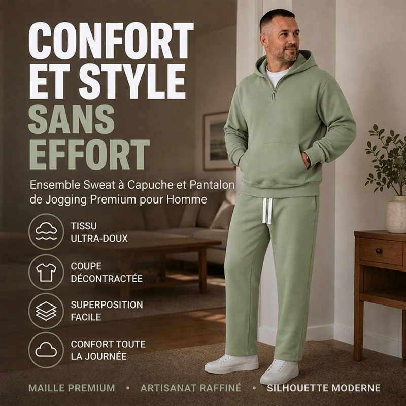Ensemble à la mode pour homme : sweat à capuche demi-zip et pantalon large