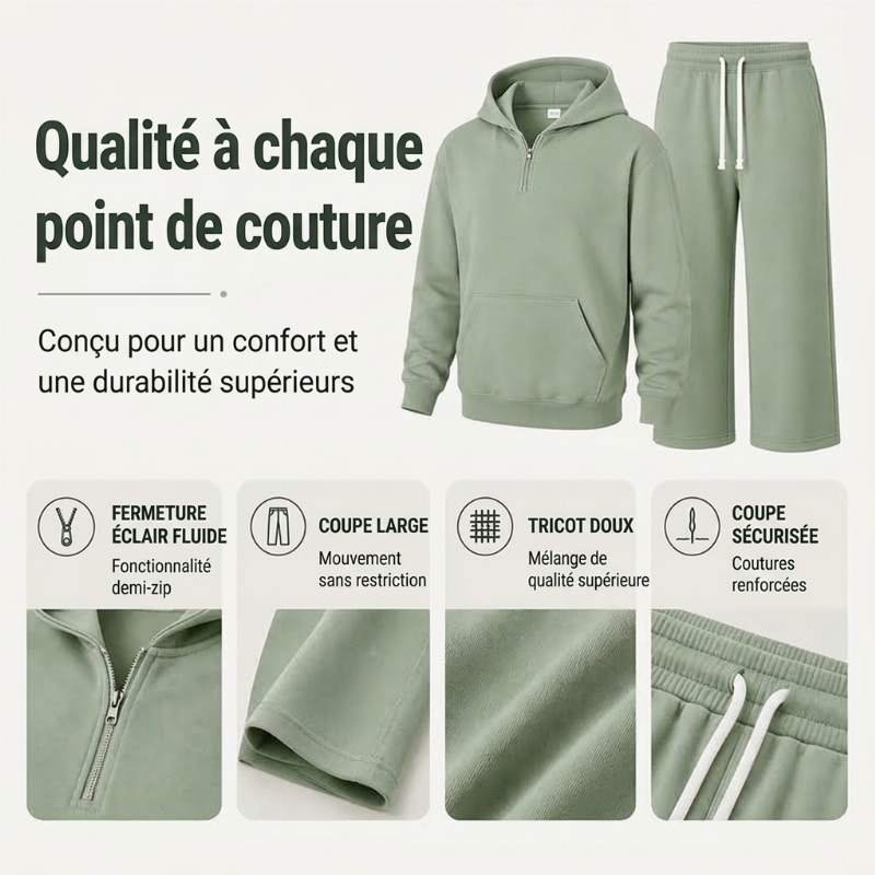 Ensemble à la mode pour homme : sweat à capuche demi-zip et pantalon large
