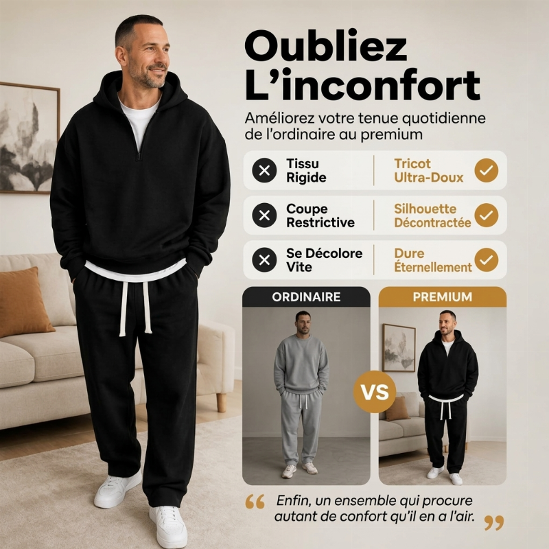 Ensemble à la mode pour homme : sweat à capuche demi-zip et pantalon large