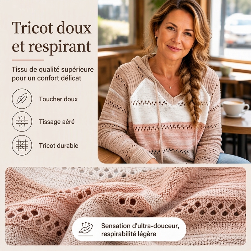 Sweet-capuche en maille ajourée et colorblock pour femme