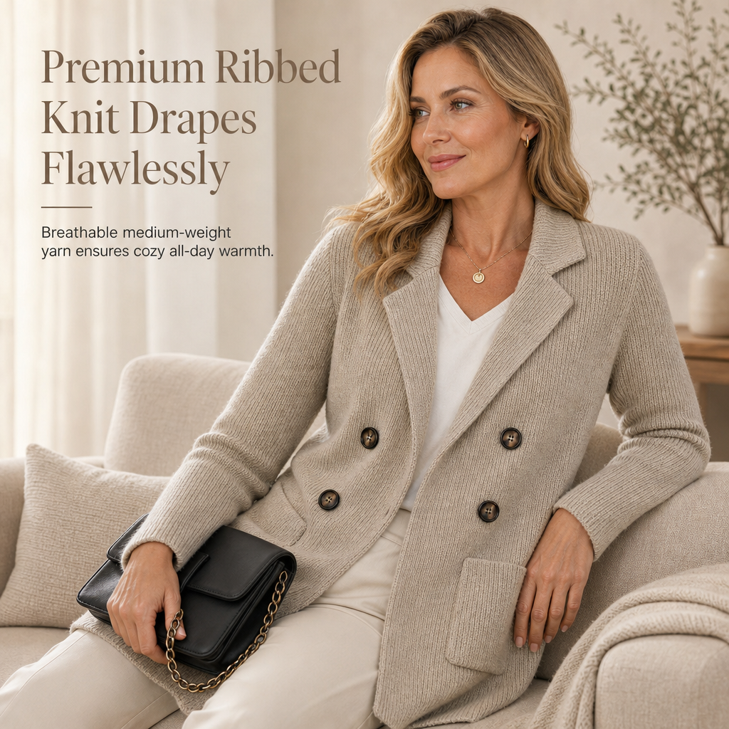 Cardigan en maille côtelée à double boutonnage pour femme, avec poches et revers cranté