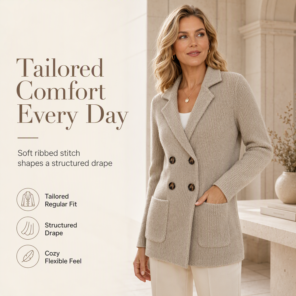 Cardigan en maille côtelée à double boutonnage pour femme, avec poches et revers cranté