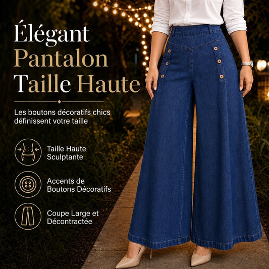 Jeans en denim stretch à taille haute et jambe large avec boutons décoratifs