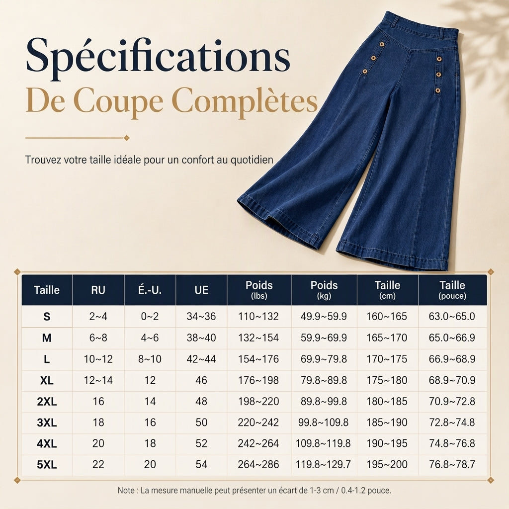 Jeans en denim stretch à taille haute et jambe large avec boutons décoratifs