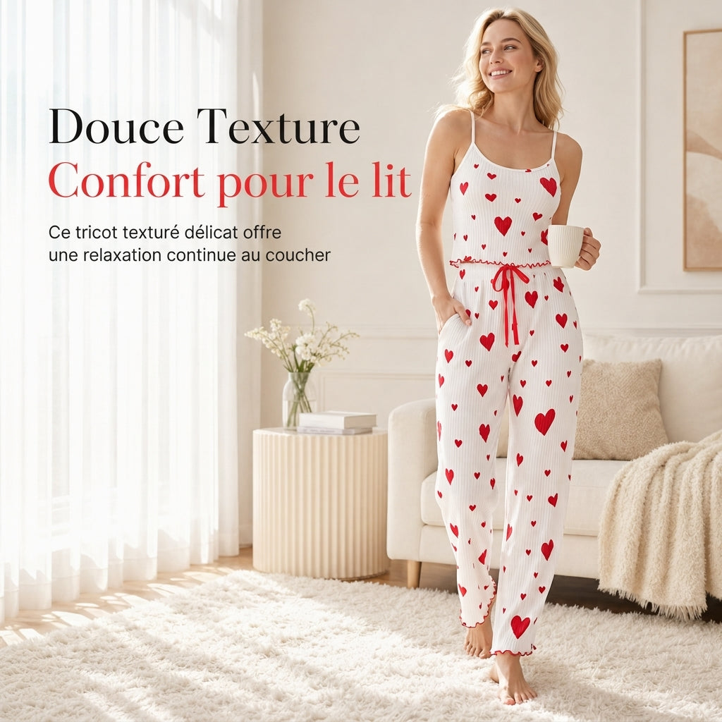 Ensemble de pyjama côtelé 2 pièces pour femme, débardeur à imprimé cœur et pantalon long, tenue de détente