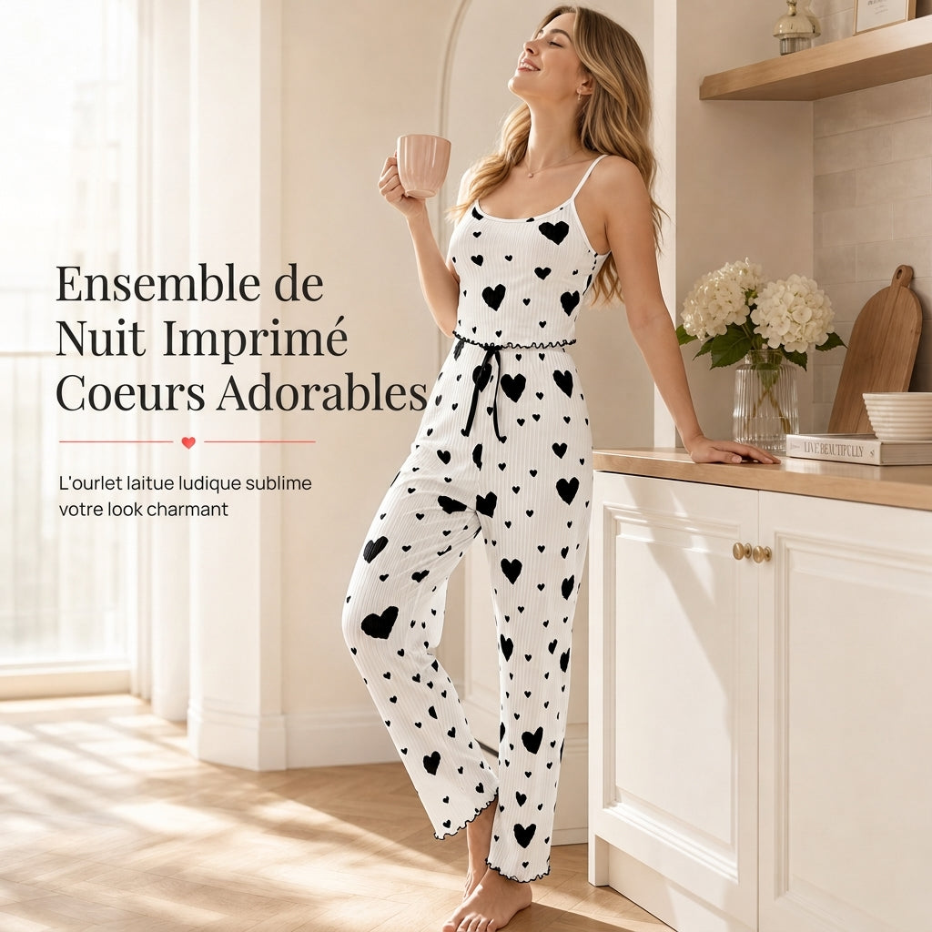 Ensemble de pyjama côtelé 2 pièces pour femme, débardeur à imprimé cœur et pantalon long, tenue de détente