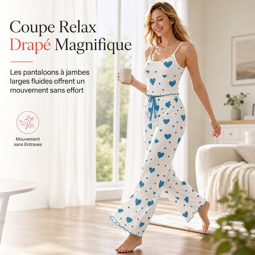 Ensemble de pyjama côtelé 2 pièces pour femme, débardeur à imprimé cœur et pantalon long, tenue de détente