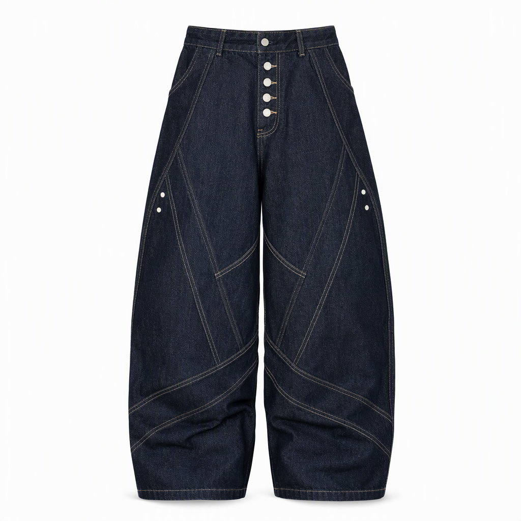 Jeans large à jambes courbes déconstruits en denim brut de style American Vintage pour homme, avec boutonnage