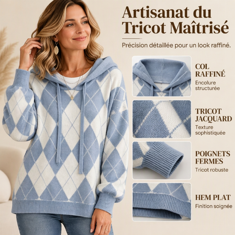Pull à capuche Argyle décontracté pour femmes