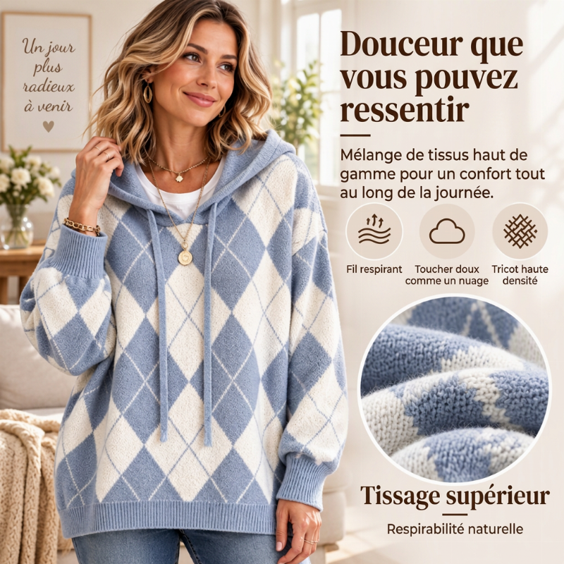 Pull à capuche Argyle décontracté pour femmes