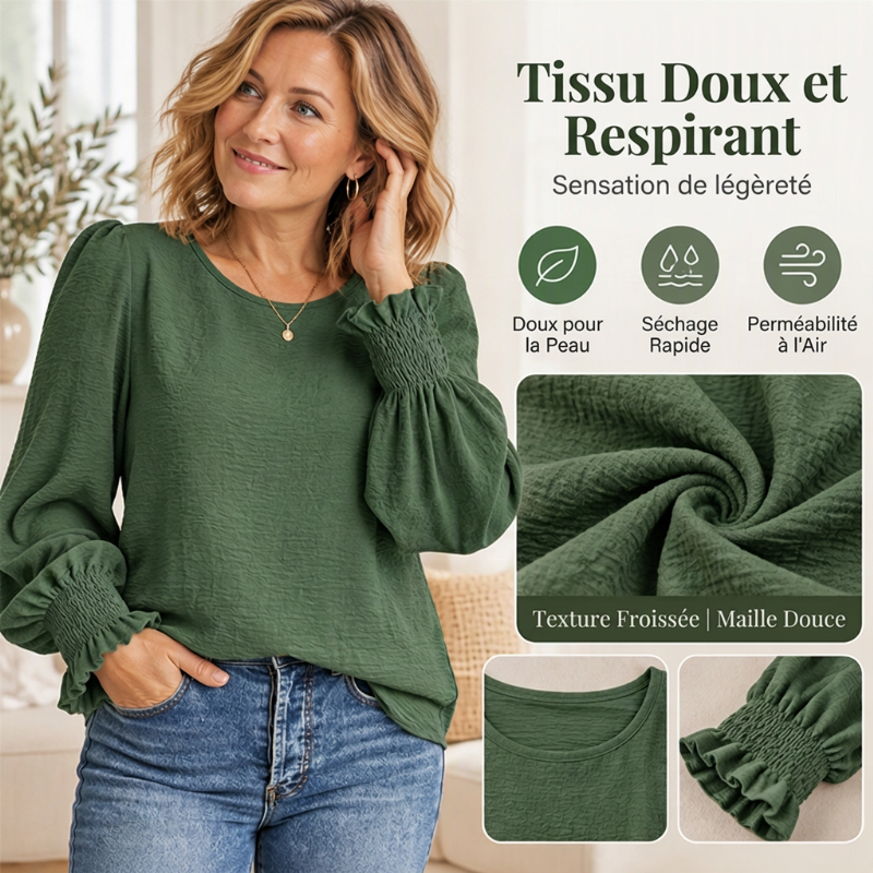 Haut élégant pour femme avec col rond et poignets smockés