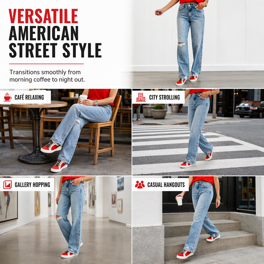 Jean en denim déchiré à taille haute et jambe large pour femme, pantalon droit détressé