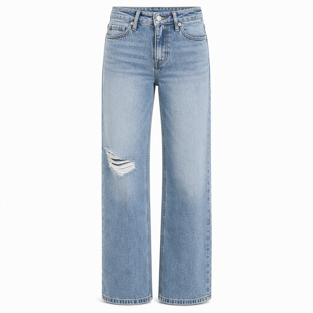 Jean en denim déchiré à taille haute et jambe large pour femme, pantalon droit détressé