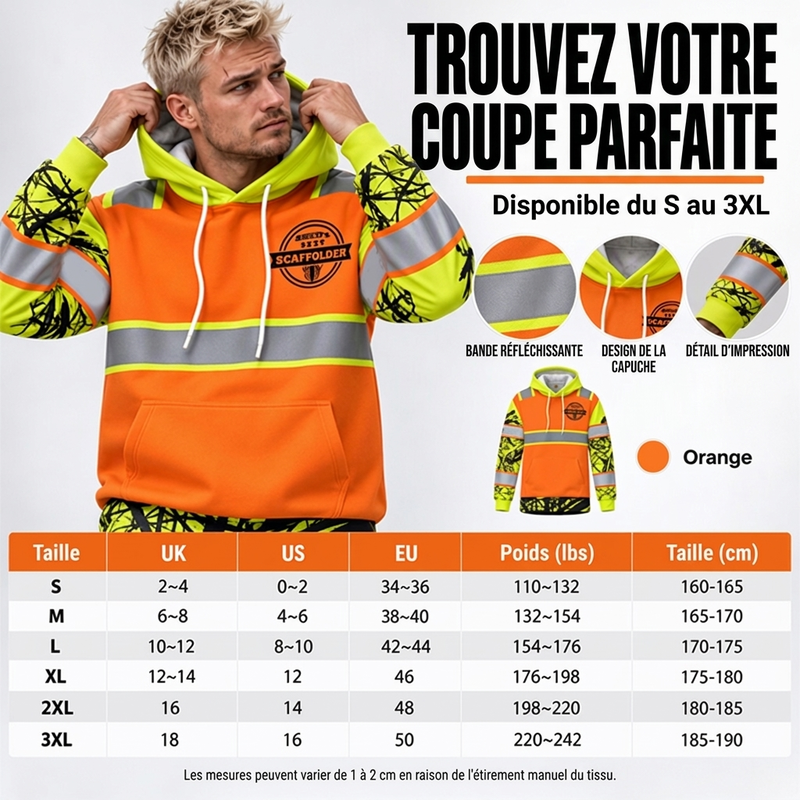 Sweat-shirt à capuche réfléchissant haute visibilité pour homme