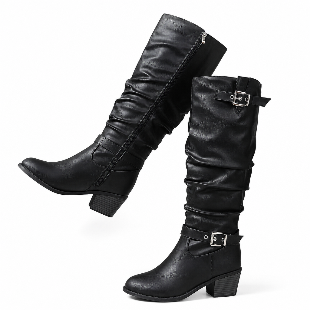 Bottes western montantes genouillères pour femmes, bottes d'équitation vintage à talon bloc épais et design slouchy, avec fermeture éclair latérale, boucle et bout rond
