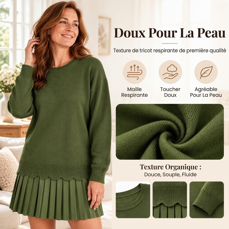 Ensemble pour femme composé d'un pull à ourlet festonné et d'une jupe plissée