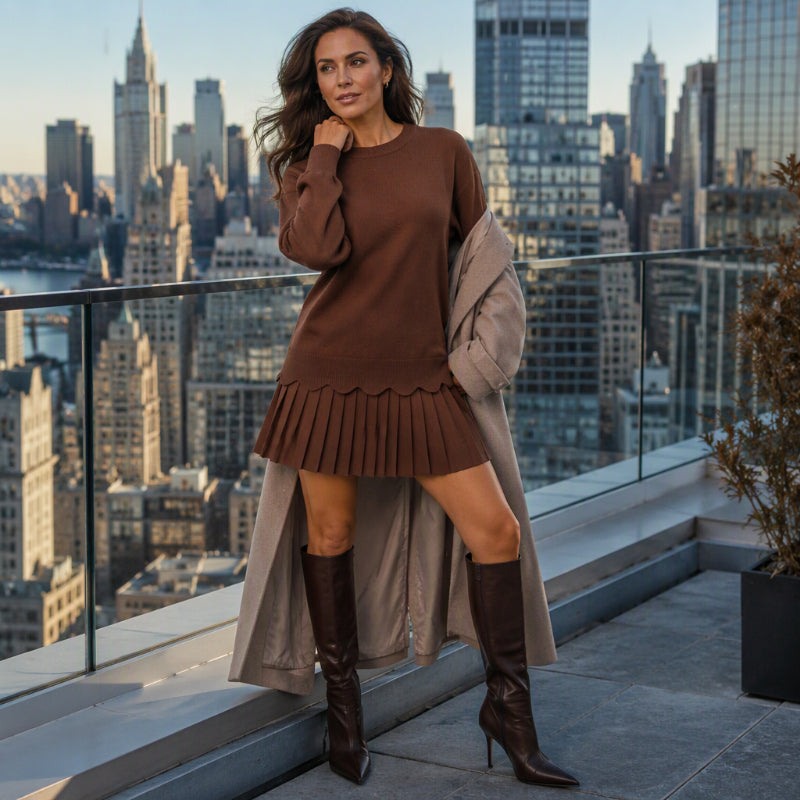 Ensemble pour femme composé d'un pull à ourlet festonné et d'une jupe plissée