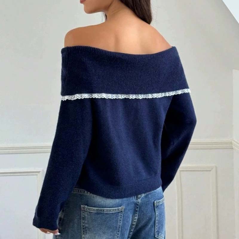 Pull femme à épaules dénudées et bordures en dentelle