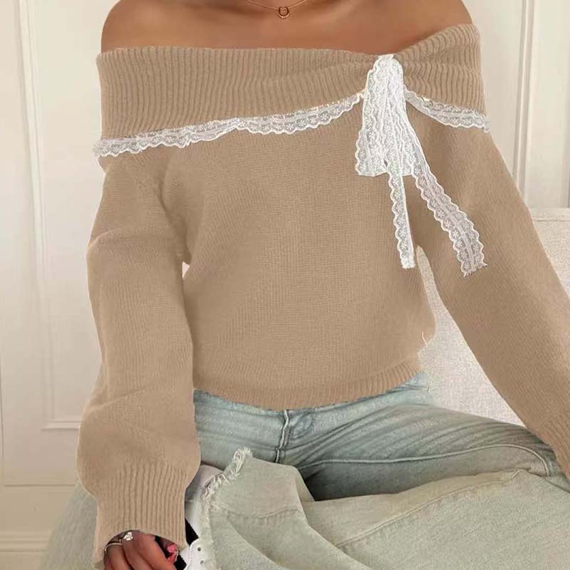 Pull femme à épaules dénudées et bordures en dentelle