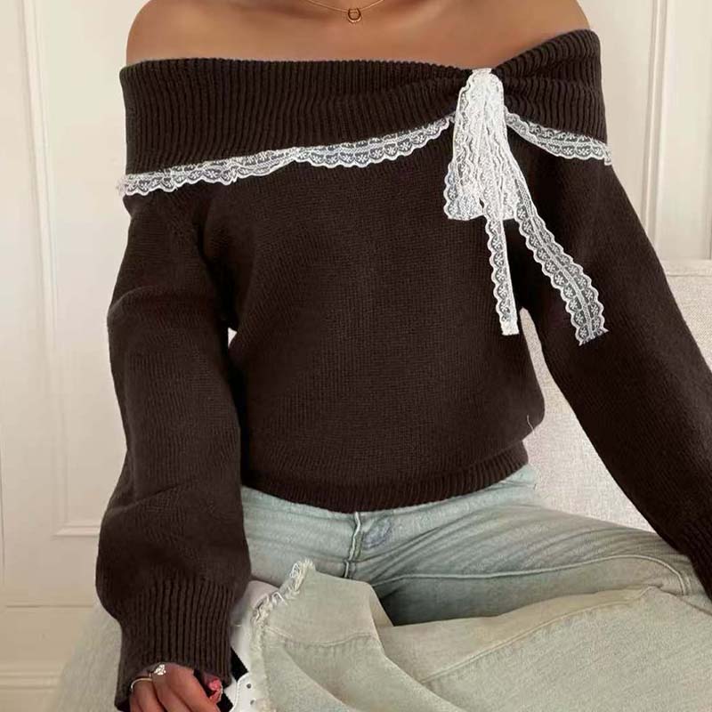Pull femme à épaules dénudées et bordures en dentelle