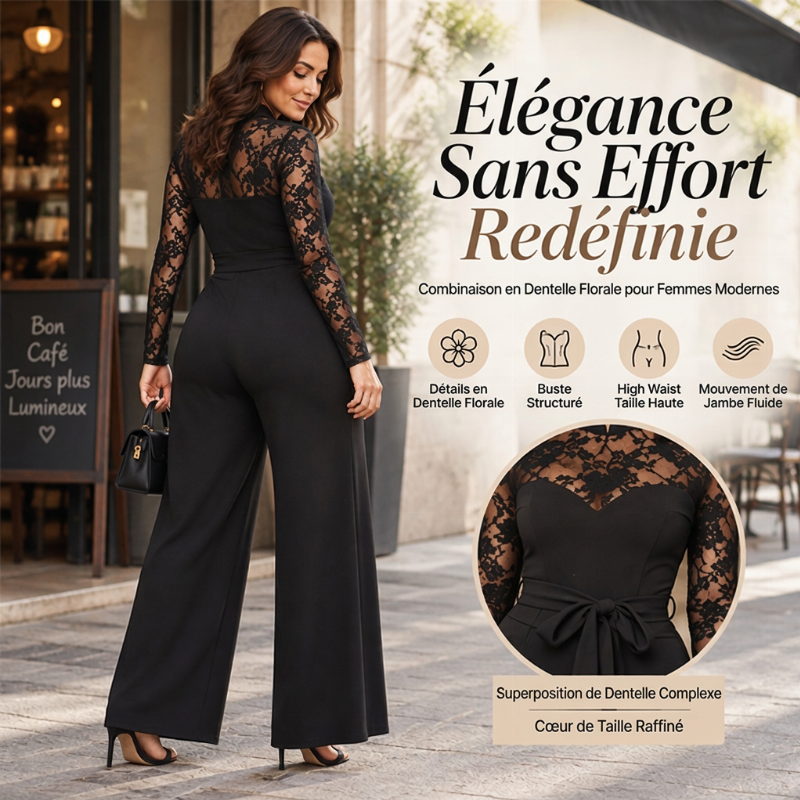 Combinaison élégante femme avec patchwork en dentelle et ceinture