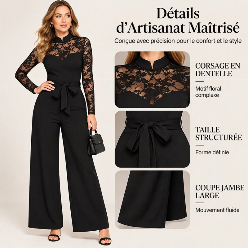Combinaison élégante femme avec patchwork en dentelle et ceinture