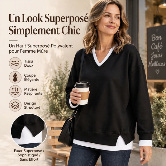 💖Soldes ! Prix cassés💖Sweat-shirt à col V et effet superposé pour femmes