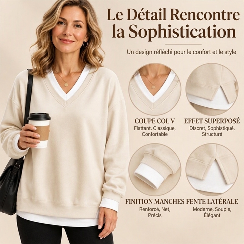 💖Soldes ! Prix cassés💖Sweat-shirt à col V et effet superposé pour femmes