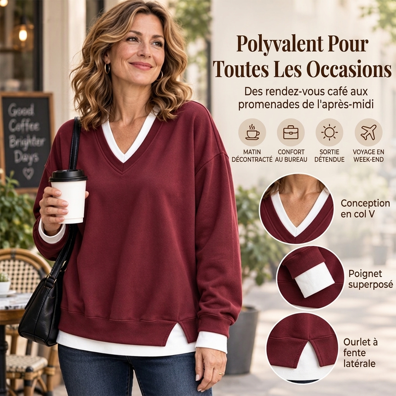 💖Soldes ! Prix cassés💖Sweat-shirt à col V et effet superposé pour femmes