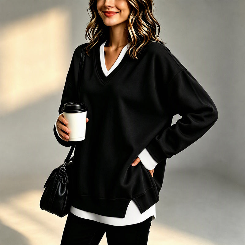 💖Soldes ! Prix cassés💖Sweat-shirt à col V et effet superposé pour femmes