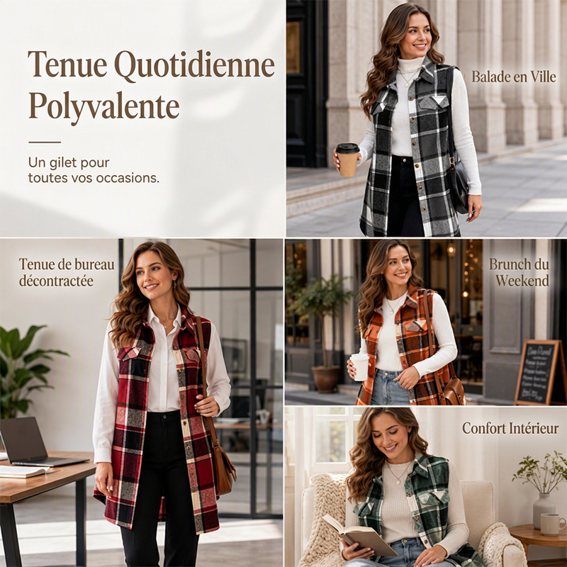 💖Soldes ! Prix cassés💖Chemise gilet boutonnée à carreaux pour femme avec poches